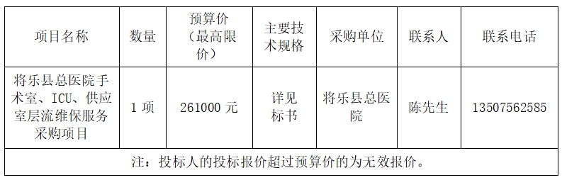 将乐县总医院手术室、ICU、供应室层流维保服务采购项目招标公告