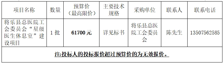 将乐县总医院工会委员会“星级医生休息室”建设项目询价公告